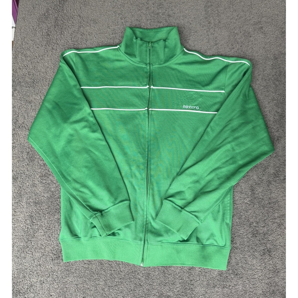 Billabong Mens XL Green Full Zip Track Jacket White Piping Mock Neck Logo